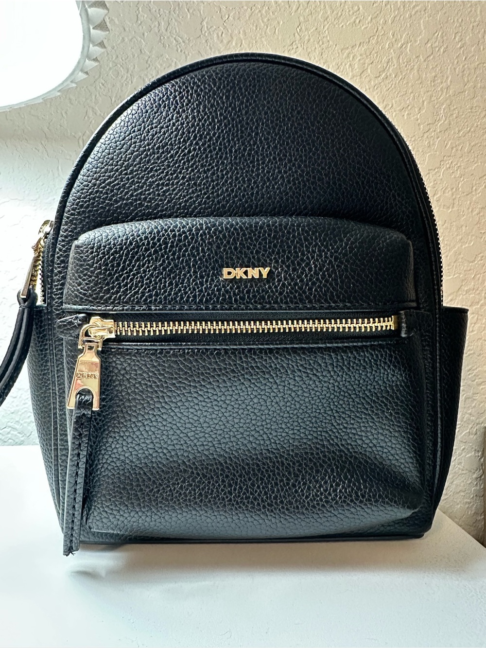 DKNY Black Pebbled Leather Mini Backpack with Gold Hardware